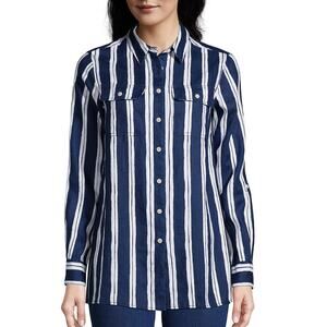Lands End Linen Navy Blue White Striped Long-Slv Button-Up Shirt Tunic Length XL